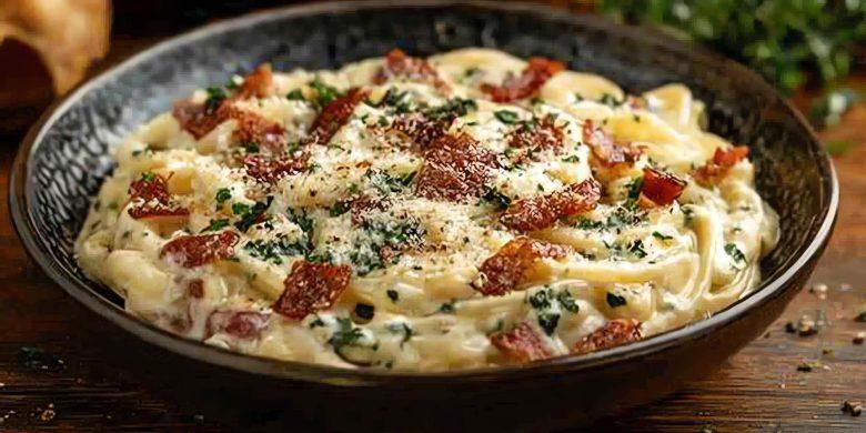 Talharim ao molho branco com queijo e bacon
