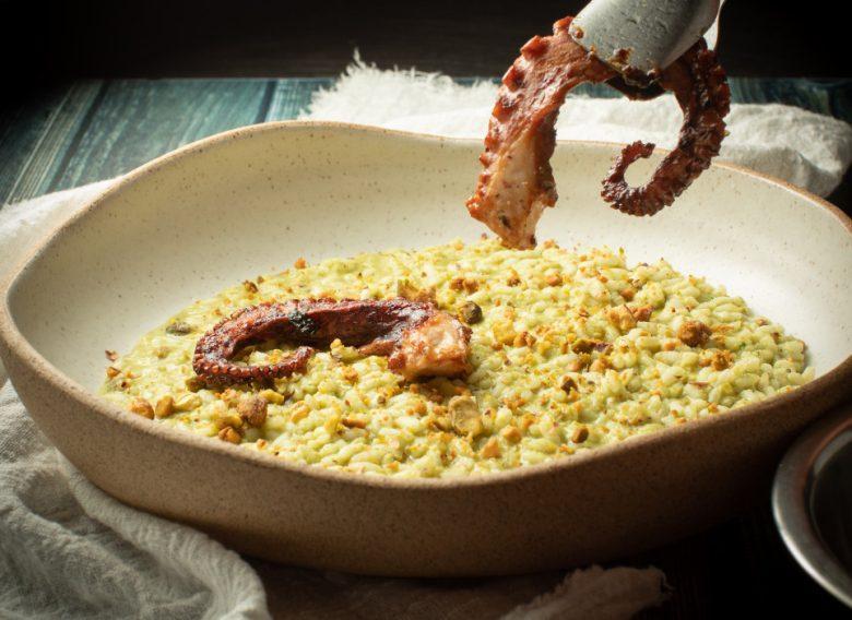 Risoto de pistache com polvo