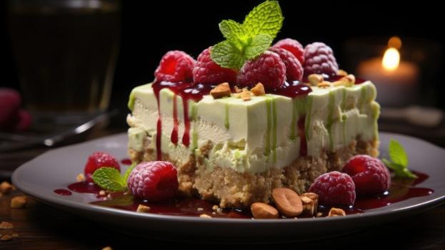 Cheesecake de pistache com calda de frutas vermelhas