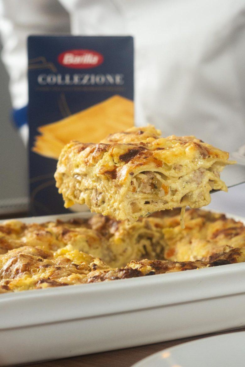 Lasanha de pistache com filé mignon suíno