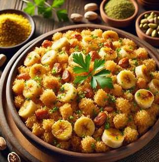 Farofa de pistache com banana-da-terra e manteiga de garrafa