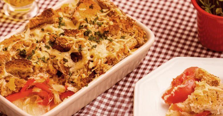 Gratinado de bacalhau com crips de pão