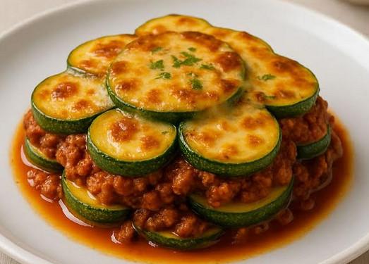 Lasanha com abobrinha, carne moída colorida e molho rústico de tomate