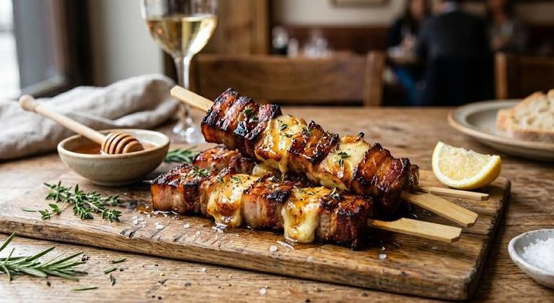 Brochette de panceta com provolone e mel