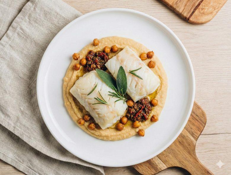 Bacalhau confit sobre creme de grão-de-bico
