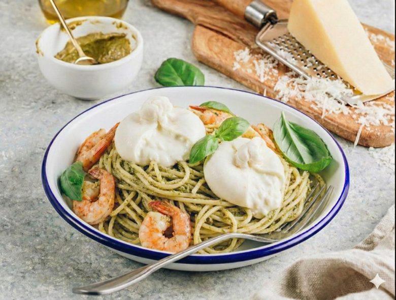 Espaguete com molho pesto e burrata