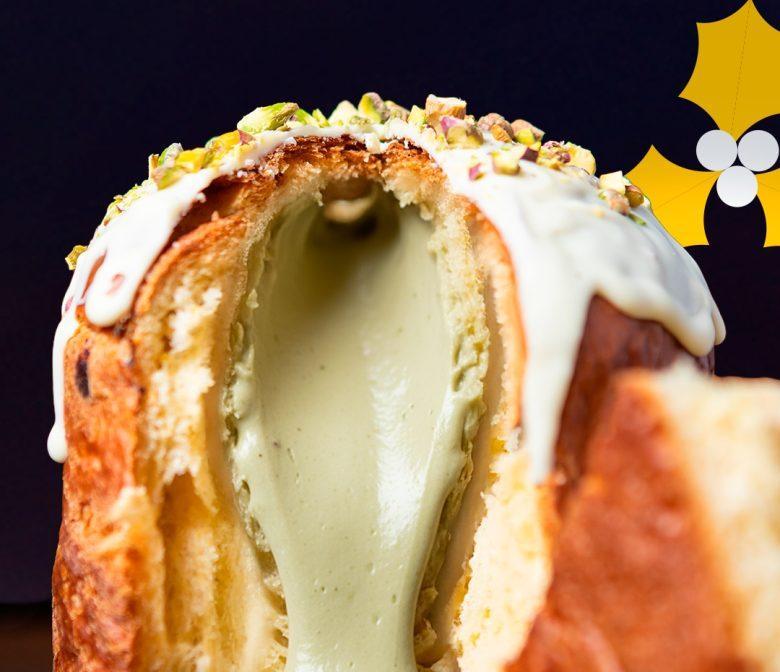Panetone recheado com pistache e chocolate branco