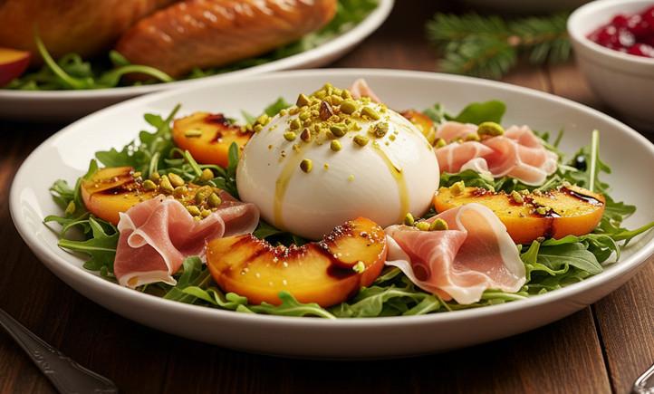 Salada de burrata com pêssego caramelizado, presunto cru e pistache