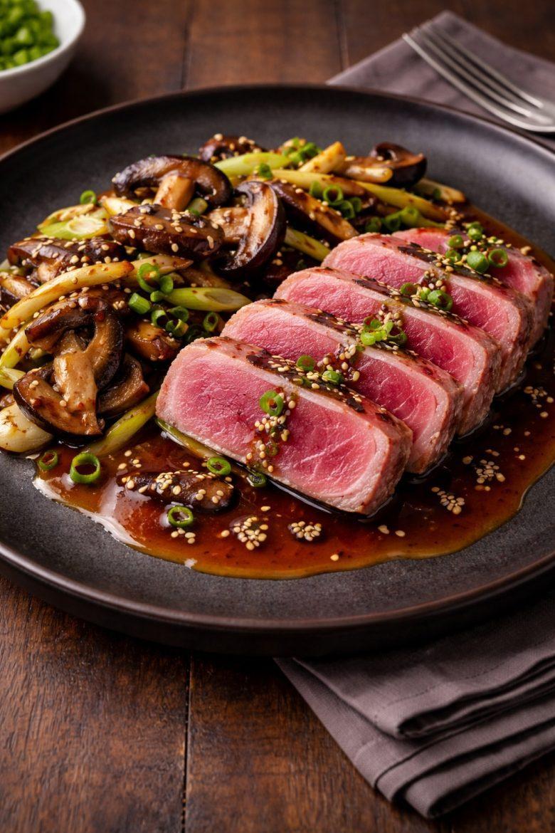 Atum selado ao molho teriyaki com shiitake