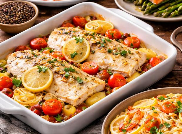 Peixe assado com batatas e ervas