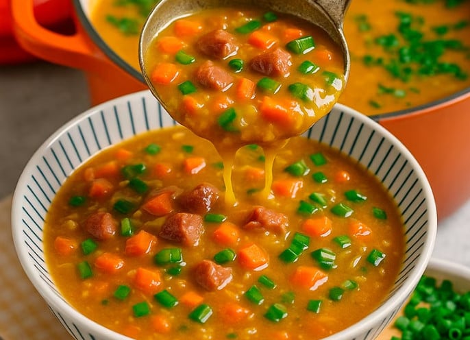 Caldo cremoso de baroa com frango