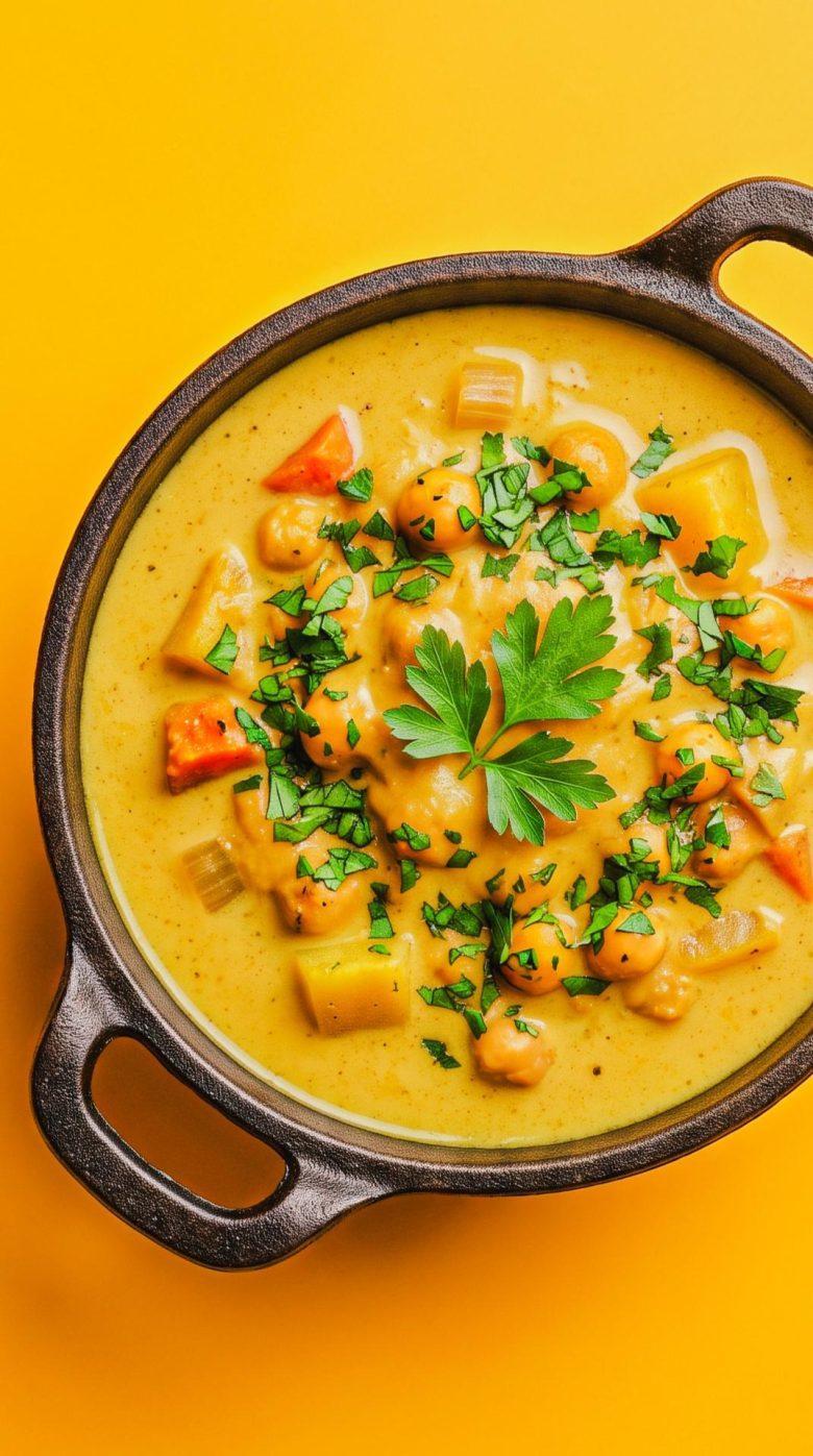 Ensopado de abóbora com grão-de-bico, curry e leite de coco