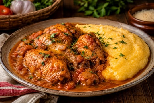 Frango caipira com polenta cremosa