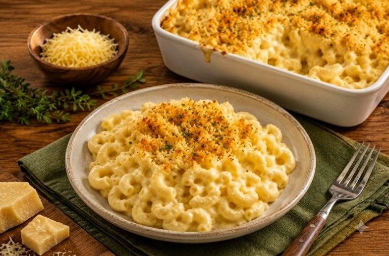 Macarrão cremoso com queijo e farofinha de pão