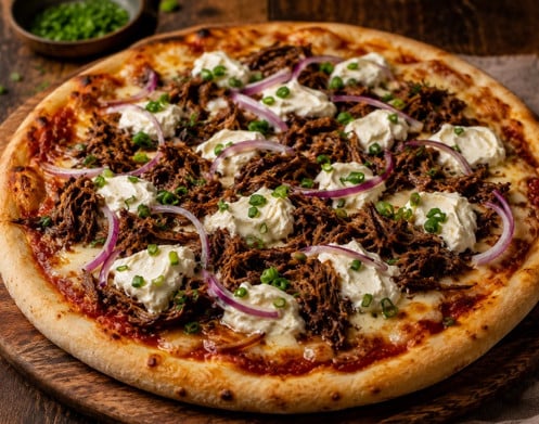Pizza de costela desfiada com cream cheese