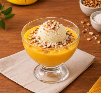 Sobremesa de creme de manga com sorvete