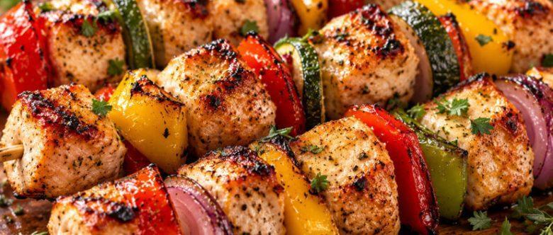 Espetinho de peru com legumes