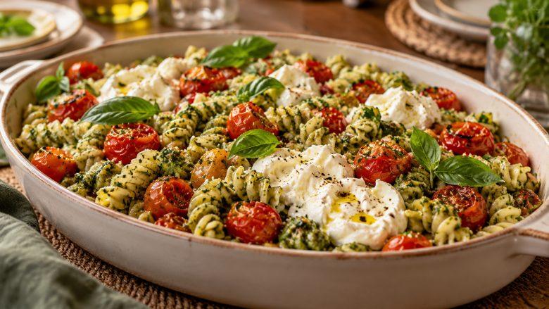 Fusilli ao pesto de rúcula com tomate cereja assado e burrata
