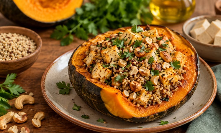 Abóbora assada recheada com quinoa, tofu e castanhas